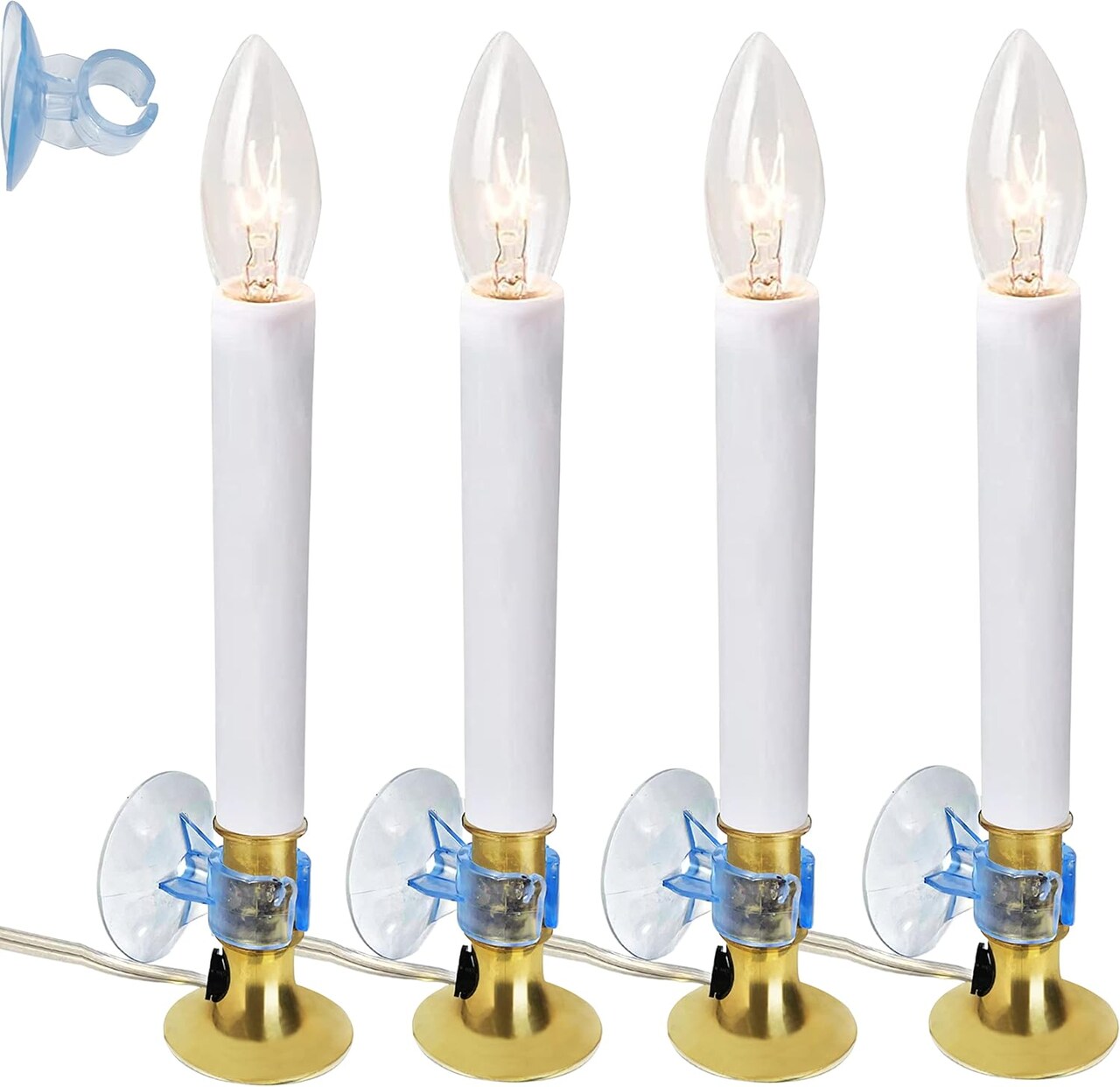 4E’s Novelty 4 Pack Dusk to Dawn Electric Window Candles Plug In – Flameless Christmas Candles with Auto Sensor, Brass Base, Suction Cup Holders & Extra Bulbs, Holiday Window Lights